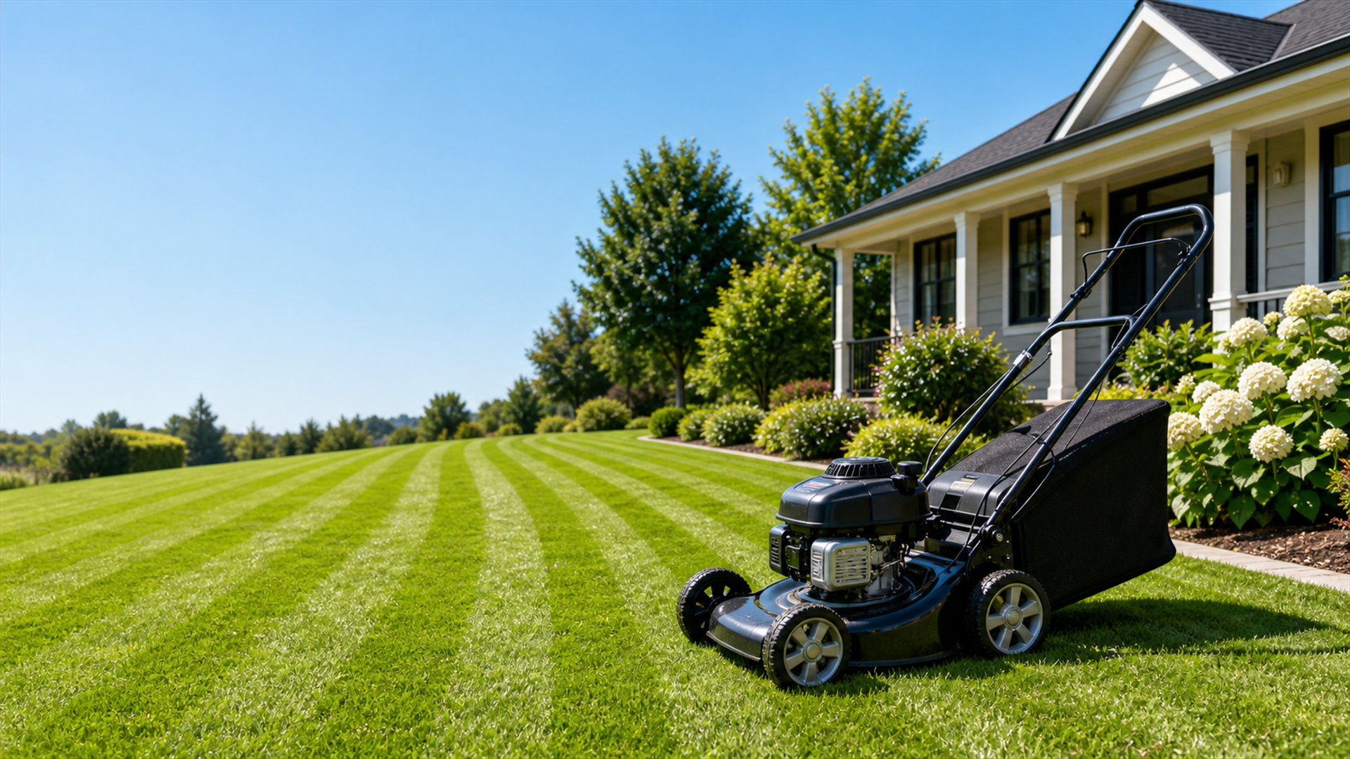 Push mower on a freshly striped green lawn in front of a Swanson home